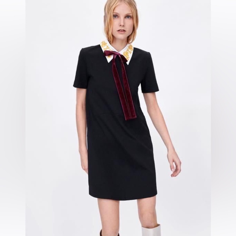 Zara Black Embroidery Collar Velvet Ribbon Tie Mini Dress size S